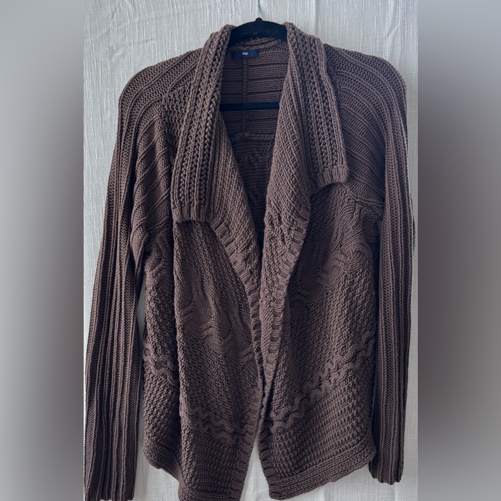 GAP Brown Cardigan Sweater with Cable Knit and Shawl Collar